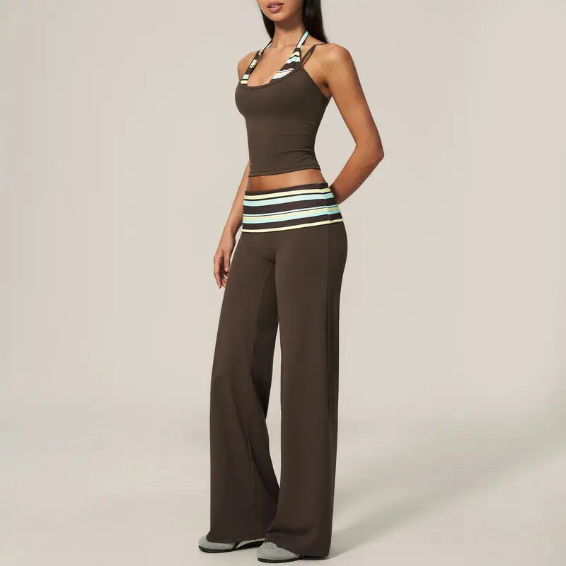 TIMEOFF Halter Tank Top & Fold Over Waist Capri Leggings Active Set