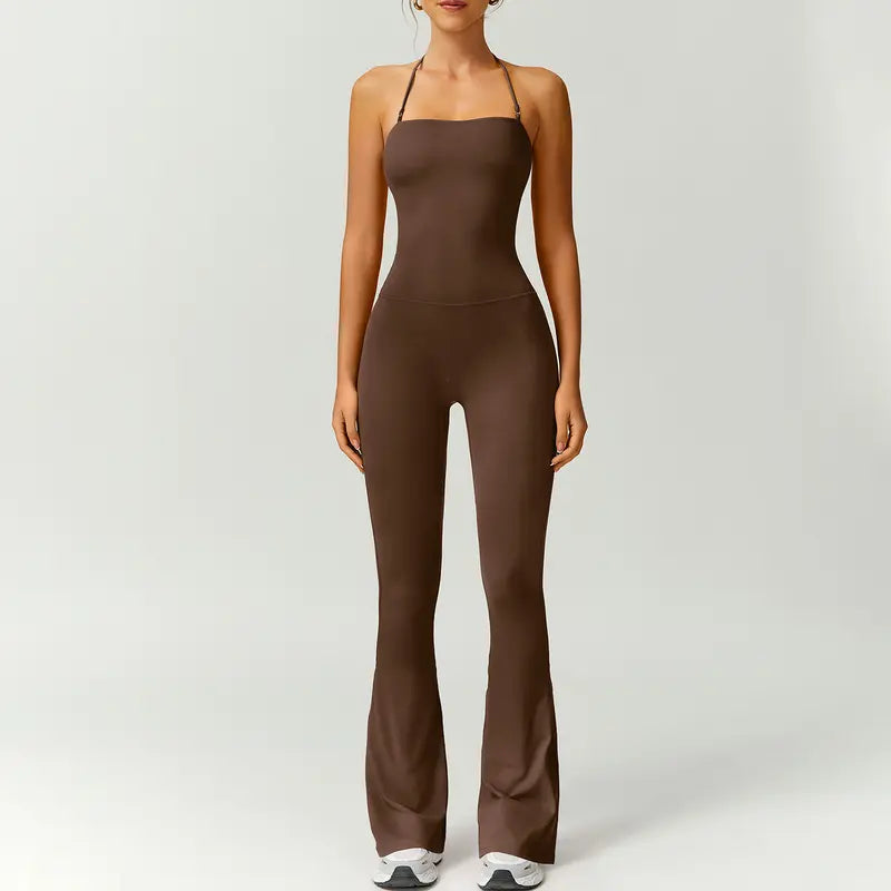TIMEOFF Women's Halter Neck High Waist Butt Lifting Bodycon Flared Leg Yoga Jumpsuit