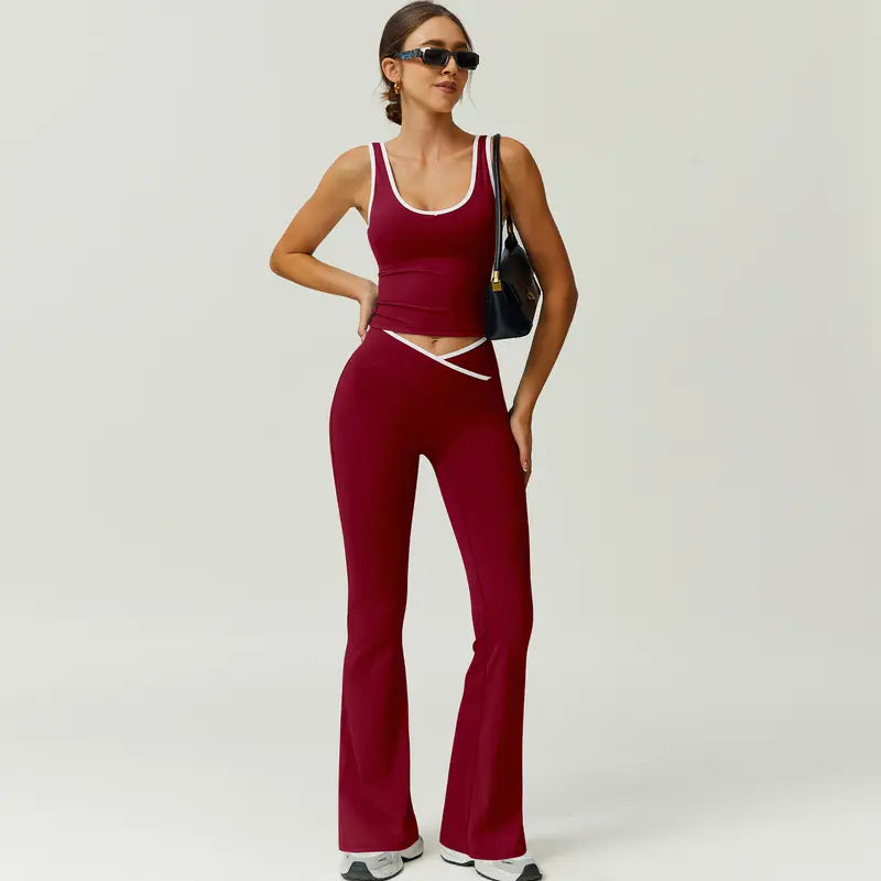 TimeOFF Two-Piece Color Block U-Neck Piped Tank & Bell Bottom Set