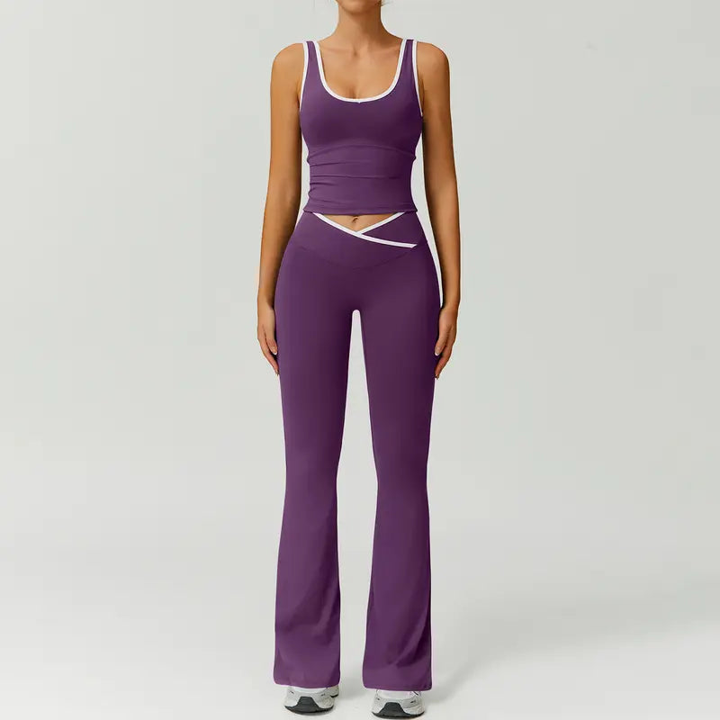 TimeOFF Two-Piece Color Block U-Neck Piped Tank & Bell Bottom Set