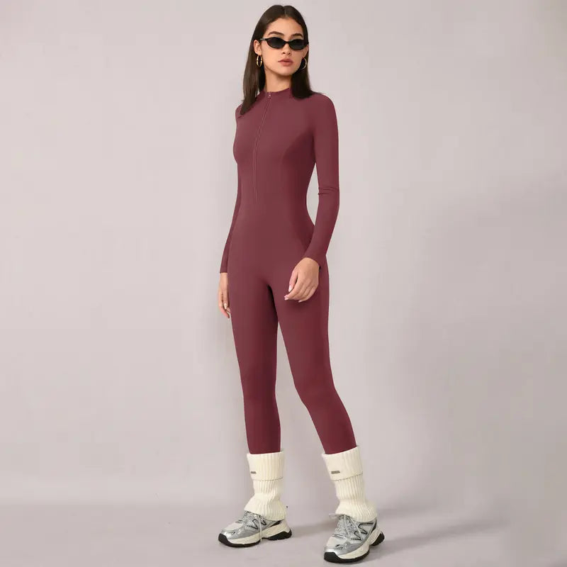 TIMEOFF Women's Long-Sleeve Fleece-Lined Mock-Neck Zip-Up Jumpsuit