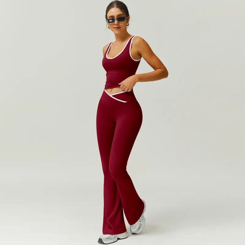 TimeOFF Two-Piece Color Block U-Neck Piped Tank & Bell Bottom Set
