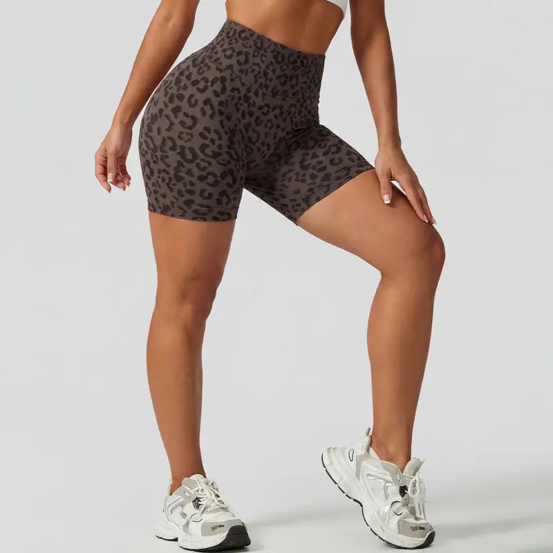 Women's Wide High Waist Leopard Print Ribbed Biker Shorts