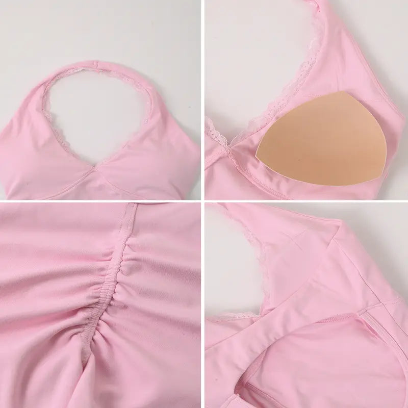 TimeOFF Soft Stretchy Backless Halter Activewear with Lace Trim