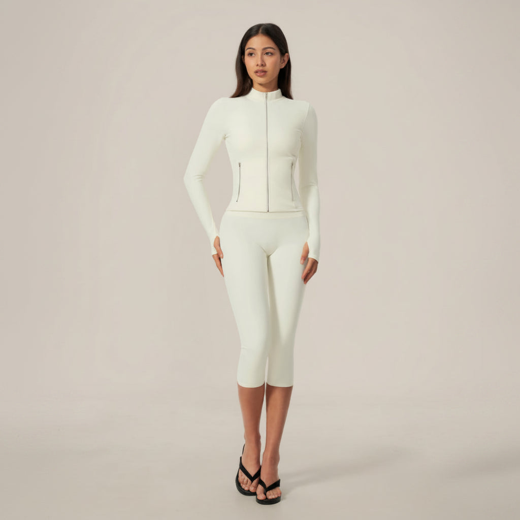 Zip‑Up Jacket & Capri Leggings 2‑Piece Active Set, Slim Fit Thumb‑Hole Workout Outfit