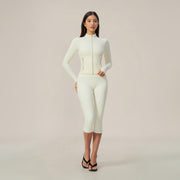 Zip‑Up Jacket & Capri Leggings 2‑Piece Active Set, Slim Fit Thumb‑Hole Workout Outfit