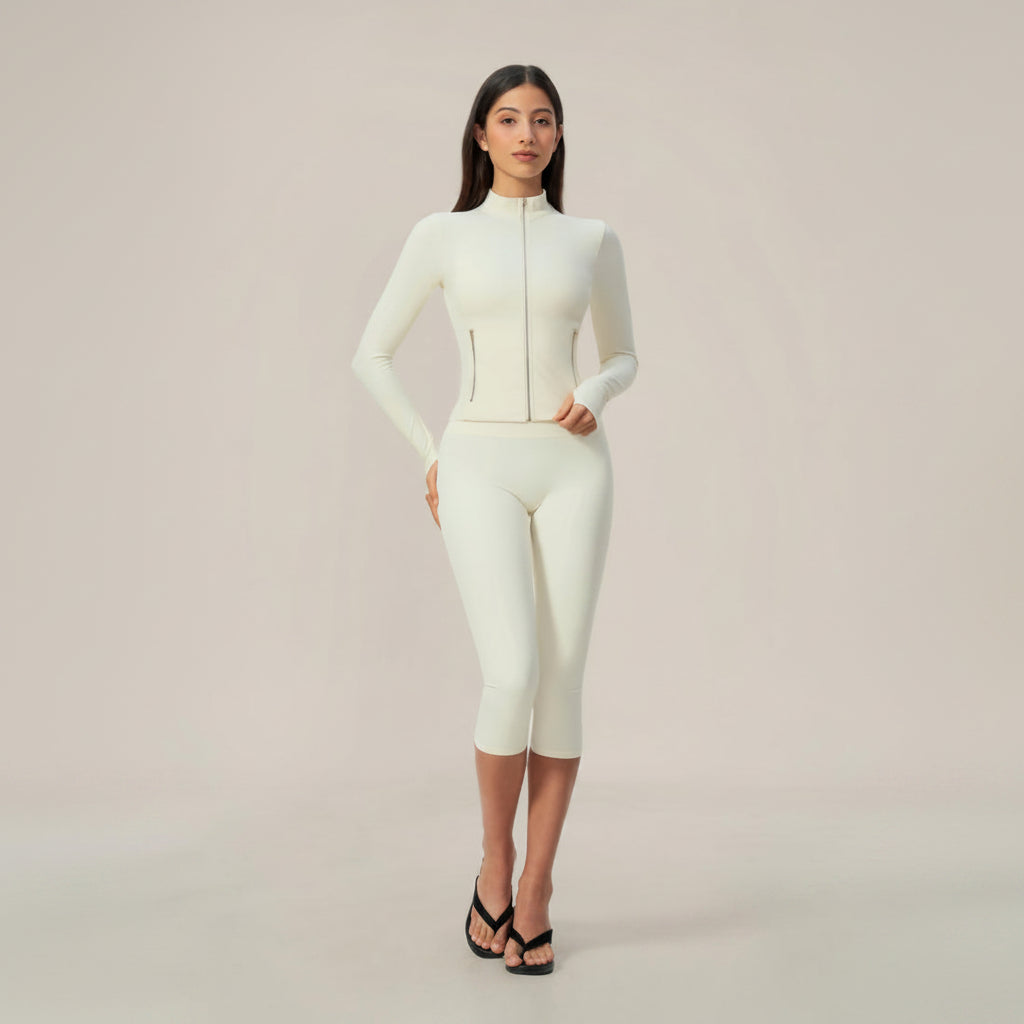 Zip‑Up Jacket & Capri Leggings 2‑Piece Active Set, Slim Fit Thumb‑Hole Workout Outfit