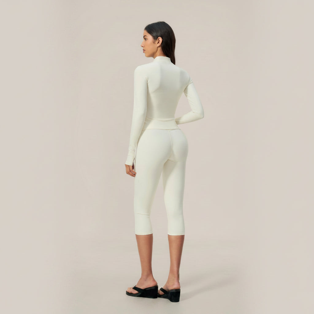 Zip‑Up Jacket & Capri Leggings 2‑Piece Active Set, Slim Fit Thumb‑Hole Workout Outfit